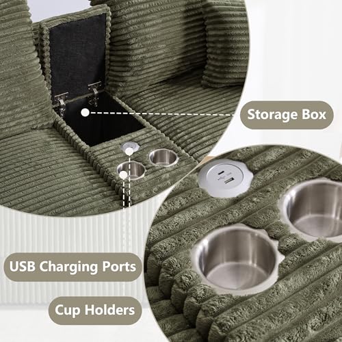 Tmsan 82.7" Modular Sectional Sleeper Sofa with Double Chaise/2 Cup Holders/USB Ports/1 Storage, Modern Corduroy Deep Seat Cloud Loveseat with Ottomans for Living Room Apartment Office (Green)