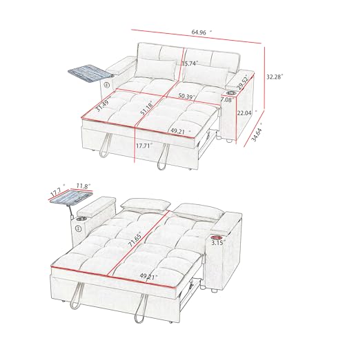 3 in 1 Queen Pull Out Sleeper Sofa Couch Bed ,Oversized Convertible Chenille Futon Loveseat Lounge Recliner with Reclining Backrest ,Storage Armrest ,USB Port,Side Table and Cupholders for Living Room