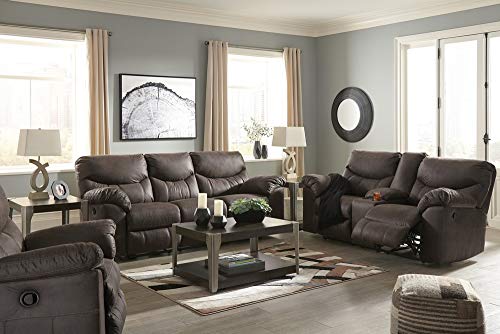 Signature Design by Ashley Boxberg Faux Leather Manual Double Reclining Loveseat with Center Console, Dark Brown