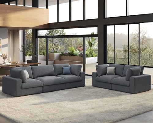 PaPaJet Modular Sectional Sofa, 114 Inches Down Filled Sectional Sofa, 3 Seater and Loveseat 2 Piece Set Couch with Chaise, Ottoman, Oversized Couch for Living Room, Grey Linen Cloud Couch