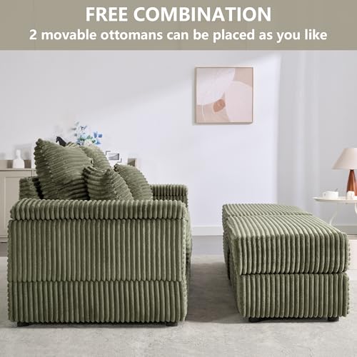 Tmsan 82.7" Modular Sectional Sleeper Sofa with Double Chaise/2 Cup Holders/USB Ports/1 Storage, Modern Corduroy Deep Seat Cloud Loveseat with Ottomans for Living Room Apartment Office (Green)