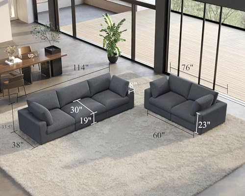 PaPaJet Modular Sectional Sofa, 114 Inches Down Filled Sectional Sofa, 3 Seater and Loveseat 2 Piece Set Couch with Chaise, Ottoman, Oversized Couch for Living Room, Grey Linen Cloud Couch