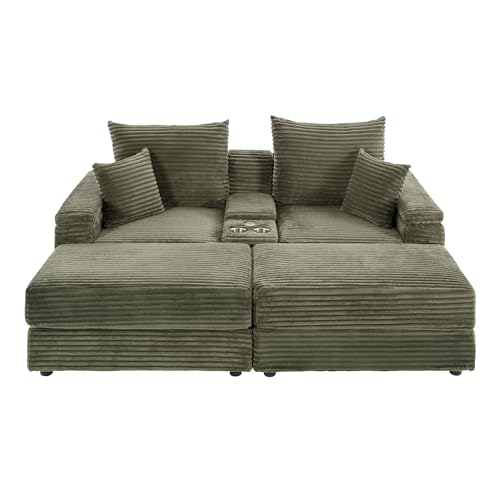 Tmsan 82.7" Modular Sectional Sleeper Sofa with Double Chaise/2 Cup Holders/USB Ports/1 Storage, Modern Corduroy Deep Seat Cloud Loveseat with Ottomans for Living Room Apartment Office (Green)
