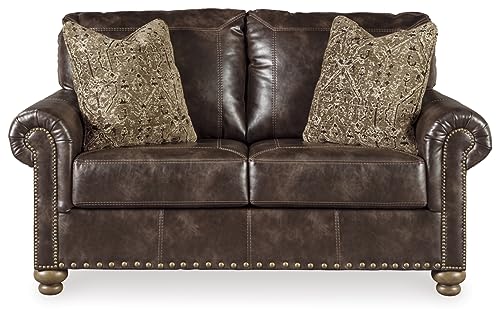 Signature Design by Ashley Nicorvo Vintagel Faux Leather Loveseat with Gold Nailhead Trim, Brown