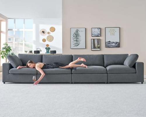 PaPaJet Modular Sectional Sofa, 114 Inches Down Filled Sectional Sofa, 3 Seater and Loveseat 2 Piece Set Couch with Chaise, Ottoman, Oversized Couch for Living Room, Grey Linen Cloud Couch
