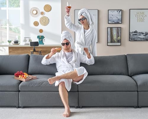 PaPaJet Modular Sectional Sofa, 114 Inches Down Filled Sectional Sofa, 3 Seater and Loveseat 2 Piece Set Couch with Chaise, Ottoman, Oversized Couch for Living Room, Grey Linen Cloud Couch