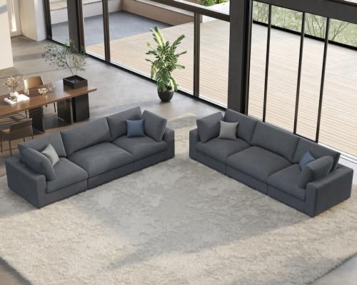 PaPaJet Modular Sectional Sofa, 114 Inches Down Filled Sectional Sofa, 3 Seater and Loveseat 2 Piece Set Couch with Chaise, Ottoman, Oversized Couch for Living Room, Grey Linen Cloud Couch