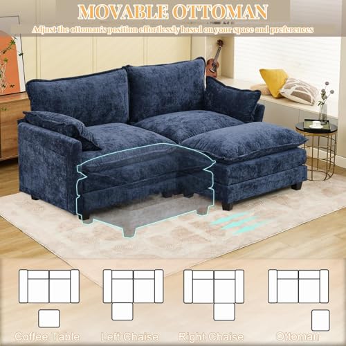 GlasFlength Sectional Couches for Living Room - L Shaped Couch Cloud Couch Comfy Sectional Couches, 77.6" 2 Seat Sofa Comfy Sectional with Ottoman/Pillows for Apartment, Bedroom, Blue