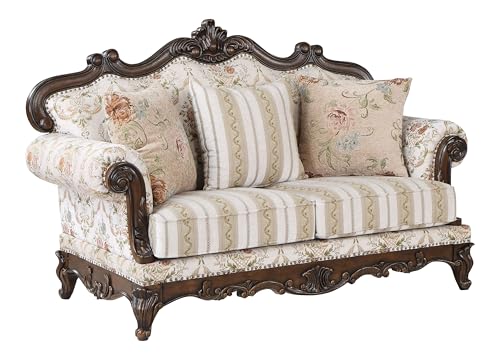 Acme Nayla Fabric Upholstered Rolled Arms Loveseat with 3 Pillows in Walnut