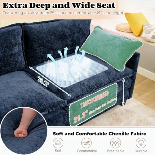 GlasFlength Sectional Couches for Living Room - L Shaped Couch Cloud Couch Comfy Sectional Couches, 77.6" 2 Seat Sofa Comfy Sectional with Ottoman/Pillows for Apartment, Bedroom, Blue