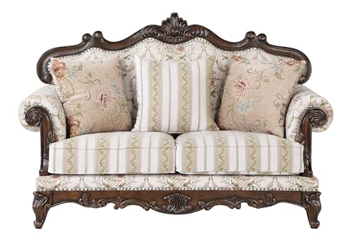 Acme Nayla Fabric Upholstered Rolled Arms Loveseat with 3 Pillows in Walnut