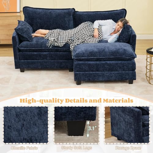 GlasFlength Sectional Couches for Living Room - L Shaped Couch Cloud Couch Comfy Sectional Couches, 77.6" 2 Seat Sofa Comfy Sectional with Ottoman/Pillows for Apartment, Bedroom, Blue