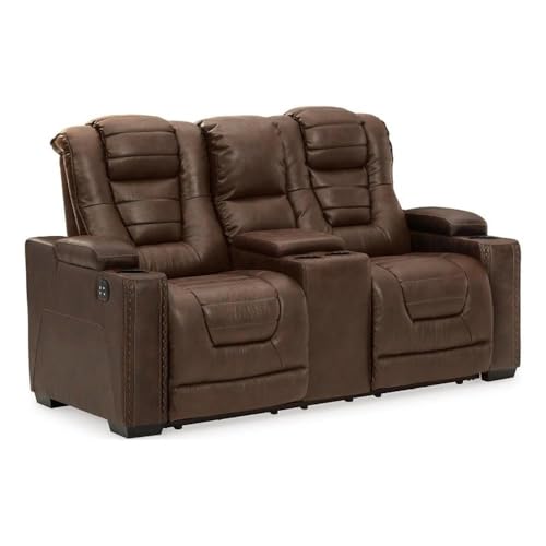 Signature Design by Ashley Owner's Box Faux Leather Power Reclining Loveseat with Center Console, Brown