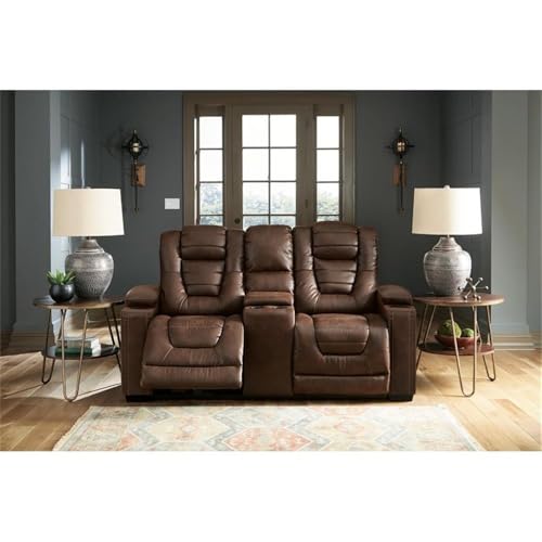 Signature Design by Ashley Owner's Box Faux Leather Power Reclining Loveseat with Center Console, Brown