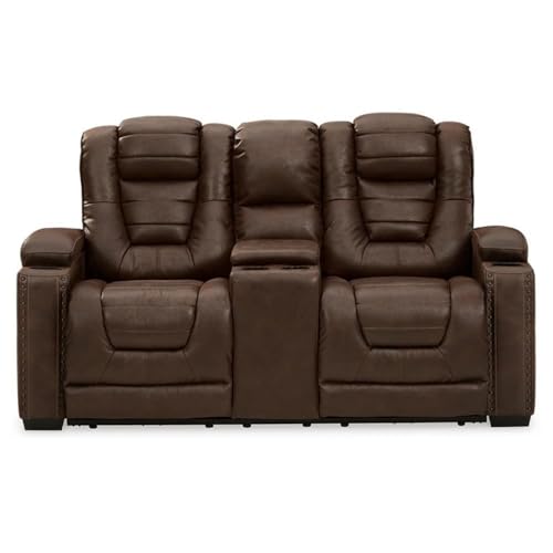 Signature Design by Ashley Owner's Box Faux Leather Power Reclining Loveseat with Center Console, Brown