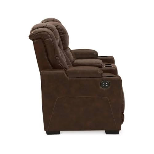 Signature Design by Ashley Owner's Box Faux Leather Power Reclining Loveseat with Center Console, Brown