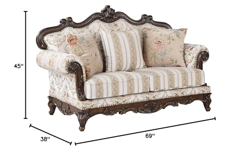 Acme Nayla Fabric Upholstered Rolled Arms Loveseat with 3 Pillows in Walnut