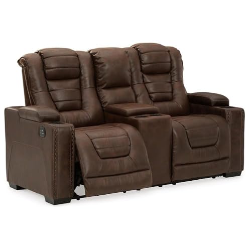 Signature Design by Ashley Owner's Box Faux Leather Power Reclining Loveseat with Center Console, Brown