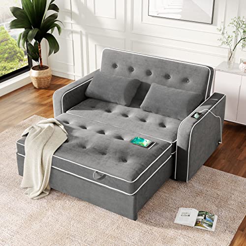 Merax Pull-Out Sofa Bed with Adjustable Backrest, Linen Upholstered Convertible Sleeper Couch with Two Throw Pillows and USB Charging Port, 2 Seat Loveseat Lounge for Living Room, 65.7", Charcoal Grey
