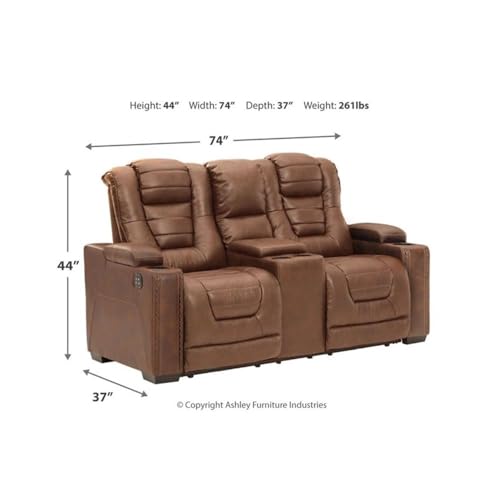 Signature Design by Ashley Owner's Box Faux Leather Power Reclining Loveseat with Center Console, Brown