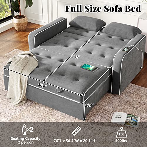 Merax Pull-Out Sofa Bed with Adjustable Backrest, Linen Upholstered Convertible Sleeper Couch with Two Throw Pillows and USB Charging Port, 2 Seat Loveseat Lounge for Living Room, 65.7", Charcoal Grey