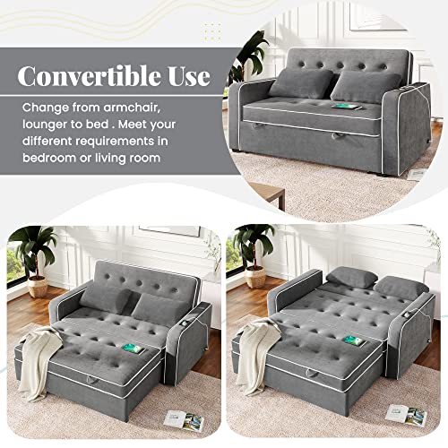 Merax Pull-Out Sofa Bed with Adjustable Backrest, Linen Upholstered Convertible Sleeper Couch with Two Throw Pillows and USB Charging Port, 2 Seat Loveseat Lounge for Living Room, 65.7", Charcoal Grey