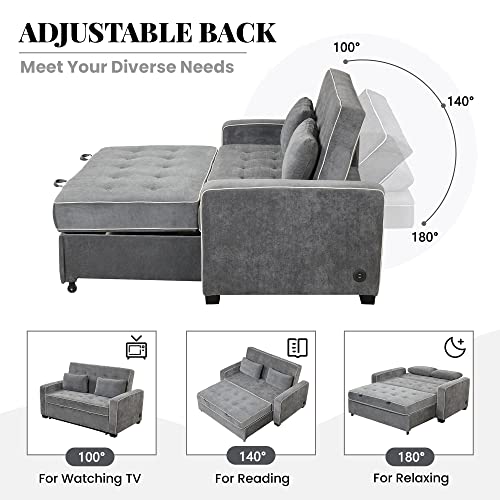 Merax Pull-Out Sofa Bed with Adjustable Backrest, Linen Upholstered Convertible Sleeper Couch with Two Throw Pillows and USB Charging Port, 2 Seat Loveseat Lounge for Living Room, 65.7", Charcoal Grey