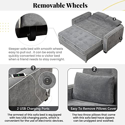 Merax Pull-Out Sofa Bed with Adjustable Backrest, Linen Upholstered Convertible Sleeper Couch with Two Throw Pillows and USB Charging Port, 2 Seat Loveseat Lounge for Living Room, 65.7", Charcoal Grey