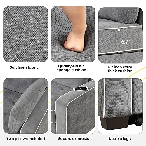 Merax Pull-Out Sofa Bed with Adjustable Backrest, Linen Upholstered Convertible Sleeper Couch with Two Throw Pillows and USB Charging Port, 2 Seat Loveseat Lounge for Living Room, 65.7", Charcoal Grey
