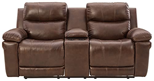 Signature Design by Ashley Edmar Leather Power Reclining Loveseat with Adjustable Headrest, Brown