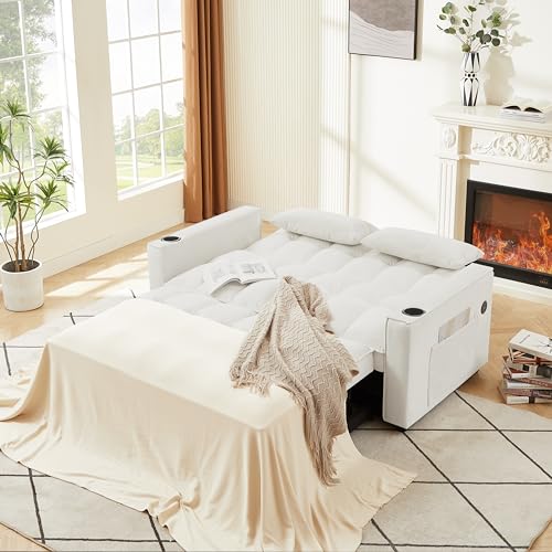 ERYE 64" Oversized Loveseat Sofa Convertible Spacious Full Size Sleeper Sofabed with Pull Out Couch Bed,Cupholders,USB Charging Ports and Storage Pockets for Home Apartment Office Living Room