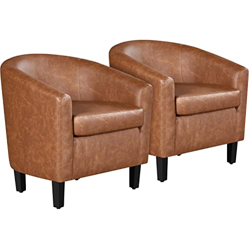 Yaheetech Brown Accent Chairs Set of 2, Faux Leather Barrel Chairs Comfy Club Chairs, Modern Leather Armchairs with Soft Seat for Living Room Bedroom Reading Room Waiting Room, Brown