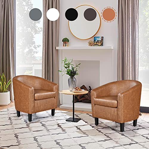 Yaheetech Brown Accent Chairs Set of 2, Faux Leather Barrel Chairs Comfy Club Chairs, Modern Leather Armchairs with Soft Seat for Living Room Bedroom Reading Room Waiting Room, Brown