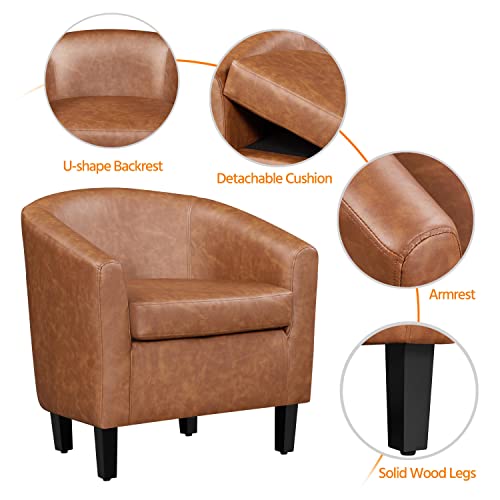 Yaheetech Brown Accent Chairs Set of 2, Faux Leather Barrel Chairs Comfy Club Chairs, Modern Leather Armchairs with Soft Seat for Living Room Bedroom Reading Room Waiting Room, Brown