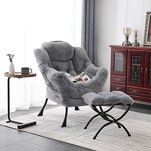 Welnow Lazy Chair with Ottoman, Modern Lounge Accent Chair with Armrests and a Side Pocket, Leisure Sofa Chair Set, Reading Chair with Footrest for Small Space, Corner Chair, Plush Grey