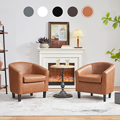 Yaheetech Brown Accent Chairs Set of 2, Faux Leather Barrel Chairs Comfy Club Chairs, Modern Leather Armchairs with Soft Seat for Living Room Bedroom Reading Room Waiting Room, Brown