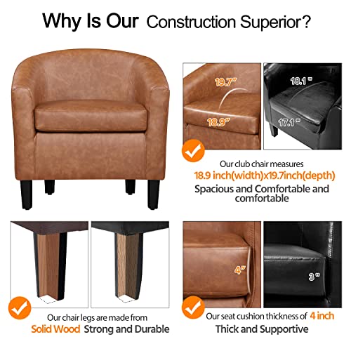 Yaheetech Brown Accent Chairs Set of 2, Faux Leather Barrel Chairs Comfy Club Chairs, Modern Leather Armchairs with Soft Seat for Living Room Bedroom Reading Room Waiting Room, Brown