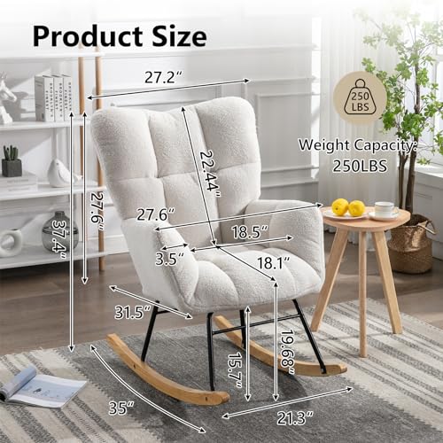 NIOIIKIT Nursery Rocking Chair Teddy Upholstered Glider Rocker Rocking Accent Chair Padded Seat with High Backrest Armchair Comfy Side Chair for Living Room Bedroom Offices (Ivory Teddy)
