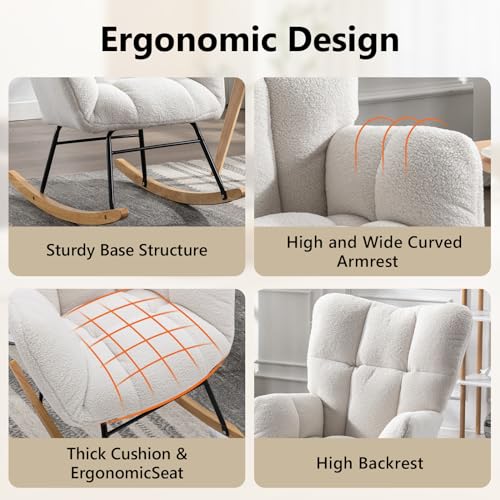 NIOIIKIT Nursery Rocking Chair Teddy Upholstered Glider Rocker Rocking Accent Chair Padded Seat with High Backrest Armchair Comfy Side Chair for Living Room Bedroom Offices (Ivory Teddy)