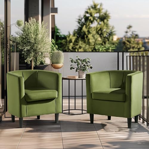 Yaheetech Velvet Accent Chair, Modern and Comfortable Armchairs, Upholstered Barrel Sofa Chair for Living Room Bedroom Waiting Room, Olive Green, 2pcs