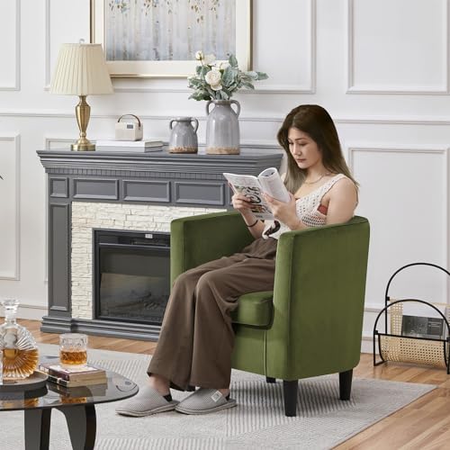 Yaheetech Velvet Accent Chair, Modern and Comfortable Armchairs, Upholstered Barrel Sofa Chair for Living Room Bedroom Waiting Room, Olive Green, 2pcs