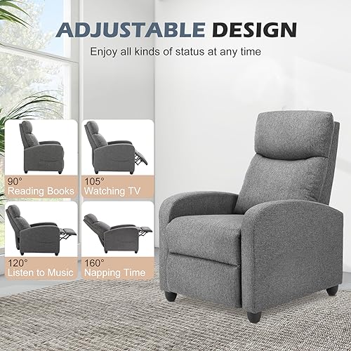 Sweetcrispy Recliner Chair for Adults, Massage Fabric Small Recliner Home Theater Seating with Lumbar Support, Adjustable Modern Reclining Chair with Padded Seat Backrest for Living Room (Grey)