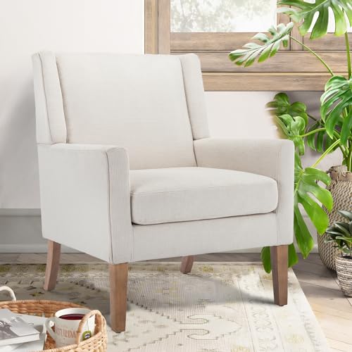 COLAMY Modern Wingback Living Room Chair, Upholstered Fabric Accent Armchair, Single Sofa Chair with Lounge Seat and Wood Legs for Bedroom/Office/Reading Spaces, Beige