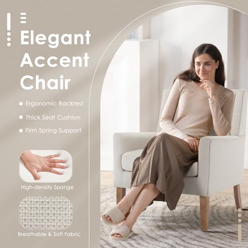 COLAMY Modern Wingback Living Room Chair, Upholstered Fabric Accent Armchair, Single Sofa Chair with Lounge Seat and Wood Legs for Bedroom/Office/Reading Spaces, Beige