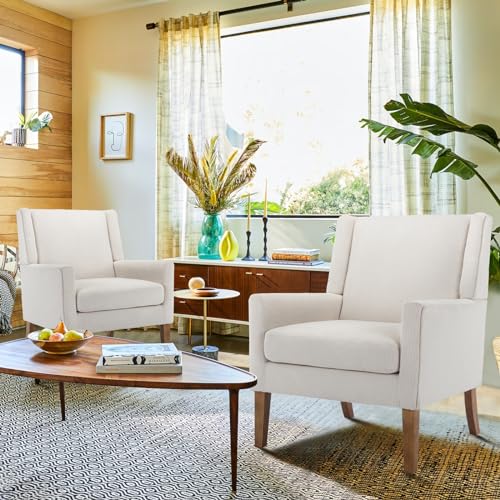 COLAMY Modern Wingback Living Room Chair, Upholstered Fabric Accent Armchair, Single Sofa Chair with Lounge Seat and Wood Legs for Bedroom/Office/Reading Spaces, Beige