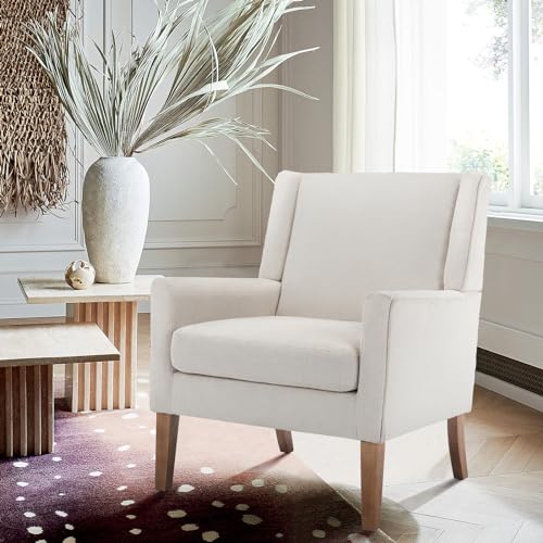COLAMY Modern Wingback Living Room Chair, Upholstered Fabric Accent Armchair, Single Sofa Chair with Lounge Seat and Wood Legs for Bedroom/Office/Reading Spaces, Beige