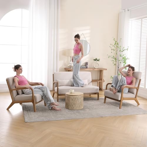 INZOY Mid Century Modern Accent Chair with Wood Frame, Upholstered Living Room Chairs with Waist Cushion, Reading Armchair for Bedroom Sunroom (Beige)