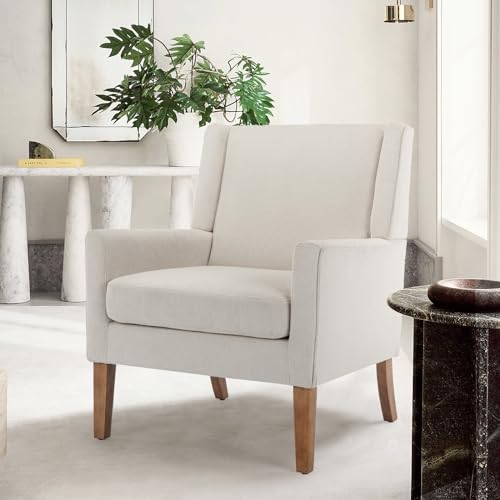 COLAMY Modern Wingback Living Room Chair, Upholstered Fabric Accent Armchair, Single Sofa Chair with Lounge Seat and Wood Legs for Bedroom/Office/Reading Spaces, Beige