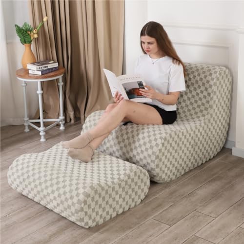 LOVMOC Accent Bean Bag Chair with Footstool, Modern Lazy Sofa Chair with Comfy Jacquard Shaggy Plush, Green