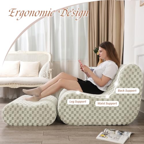 LOVMOC Accent Bean Bag Chair with Footstool, Modern Lazy Sofa Chair with Comfy Jacquard Shaggy Plush, Green